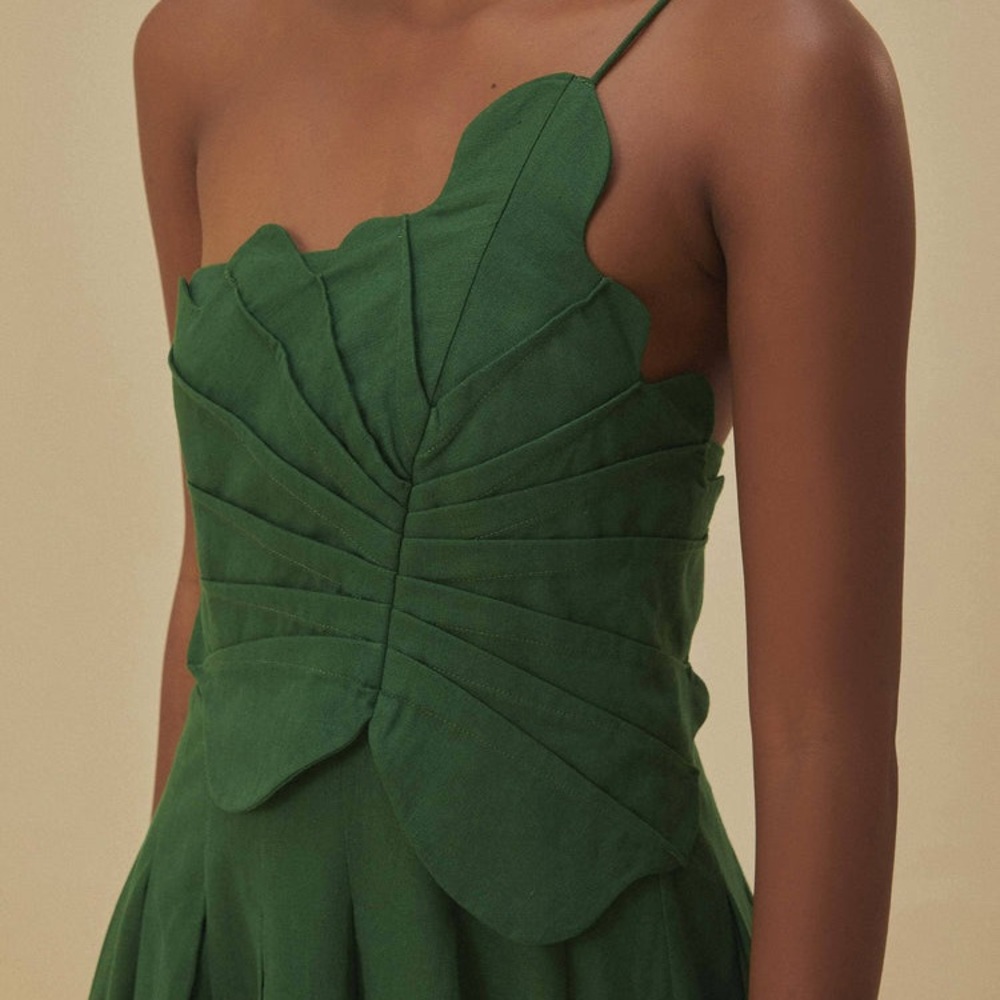 NWT Farm Rio Lea Linen Tropical Vacation Pleated One Shoulder Mini Dress Green - Picture 2 of 15